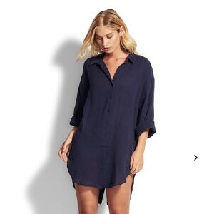 Seafolly Navy Wild Tropics Oversized Button-Down Swim Coverup 100% Cotton Small